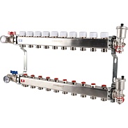Коллектор Rommer 1"x3/4" на 10 контуров с запорными клапанами в сборе (нерж. сталь) (RMS-3210-000010)
