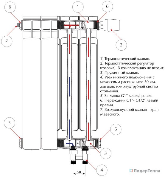Биметаллический радиатор Rifar Base Ventil 500, 5 секций, с нижним правым подключением