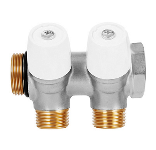 Коллектор с вентилями, латунь никель, 3/4"х2х1/2"EK, белая ручка