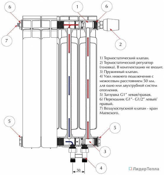 Биметаллический радиатор Rifar Base Ventil 500, 8 секций, с нижним левым подключением