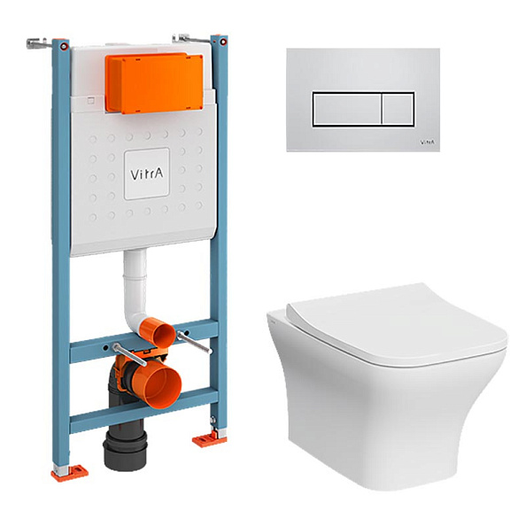 9875B003-7201 Комплект Vitra: Zentrum Square подвесной Безободковый унитаз + тонкое сиденье МЛ/БС+ инсталляция + панель смыва хром глянец