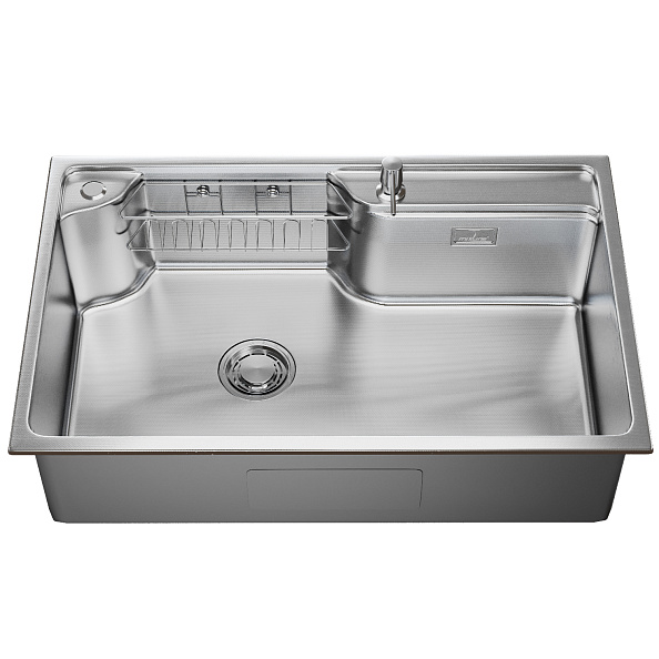 Мойка настол.монтаж MIXLINE ПРО 75х48 (1,0) вып 3 1/2" с ФАСКОЙ 21,5см с сиф.(сатин дек)+доз+кол+корз (558470)
