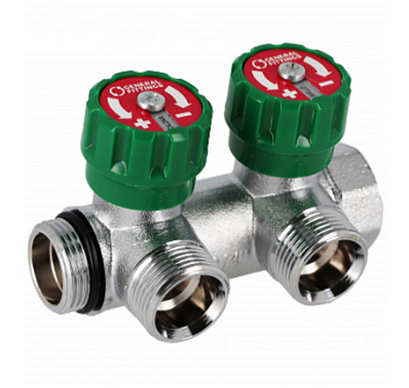 Коллектор латунный хром. с вентилями 3/4" x 3/4"EK   2 вых, зеленая ручка