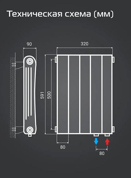 Радиатор биметаллический Royal Thermo Infinity 500 Bianco Traffico VR80 12 секций, нижнее подключение