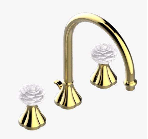 Смеситель для раковины THG Camélia Clear crystal ручки-цветок камелии в белом цвете, золотистый PVD (U5L H52 151)