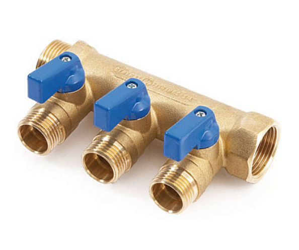 Коллектор с шаровыми кранами кранами, латунь, 1"х3х1/2"EK, синяя ручка
