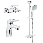 Комплект смесителей с душем GROHE Eurostyle New смеситель для ванны, раковины, душевой гарнитур, хром (арт. 124416)