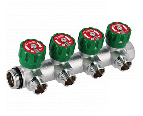 Коллектор латунный хром. с вентилями 1" x 3/4"EK  4 вых, зеленая ручка