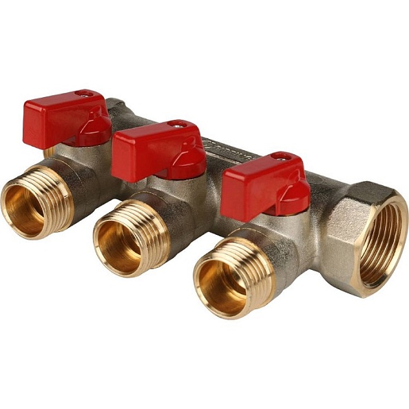 Коллектор с шаровыми кранами STOUT 3/4", 3 отвода 1/2 (красные ручки) (SMB 6200 341203)