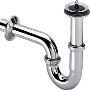 111298 Cифон трубный (металл) с розеткой из нерж, пробкой, патрубок 100 мм, отвод колено 170 мм, 1 1/4 x 32, хром