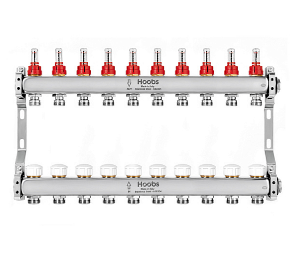 Коллектор Hoobs 1"х3/4" 4 выхода, нерж. сталь, с расходомерами, с терморегулирующими клапанами и кронштейнами