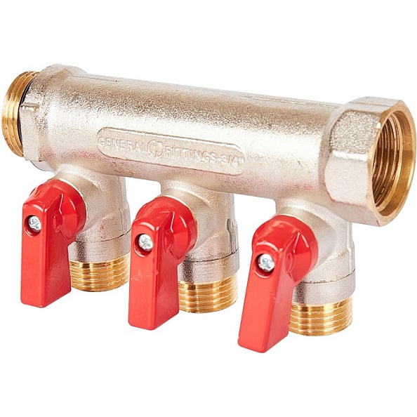 Коллектор с шаровыми кранами STOUT 3/4" , 3 отвода 1/2 (красные ручки) (SMB 6210 341203)