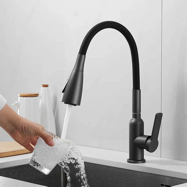 Смеситель для кухни с гибким изливом Shevanik S843T-3, оружейная сталь/черный