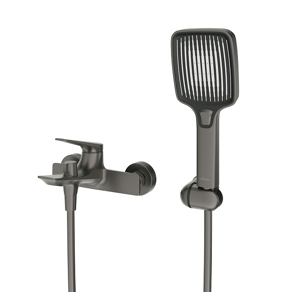 Смеситель для ванны и душа в комплекте с ручным душем, шлангом и держателем Cezares Liner, оружейная сталь (LINER-VD-GM)