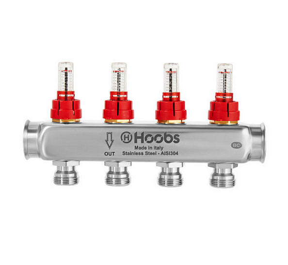 Коллектор Hoobs 1"х3/4" 2 выходов, из нержавеющей стали, с расходомерами