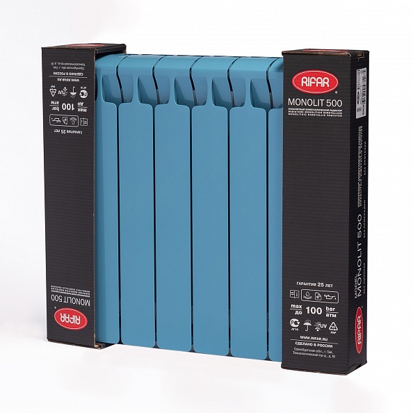 Биметаллический радиатор Rifar Monolit 500, 8 секций Сапфир, боковое подключение