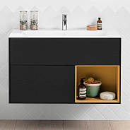 G040HFPD FINION Тумба под раковину 996 x 591 x 498 mm, с подсветкой LED, 2 выдвижных ящика. крепежный комплект Black Matt Lacquer / Gold Matt Lacquer