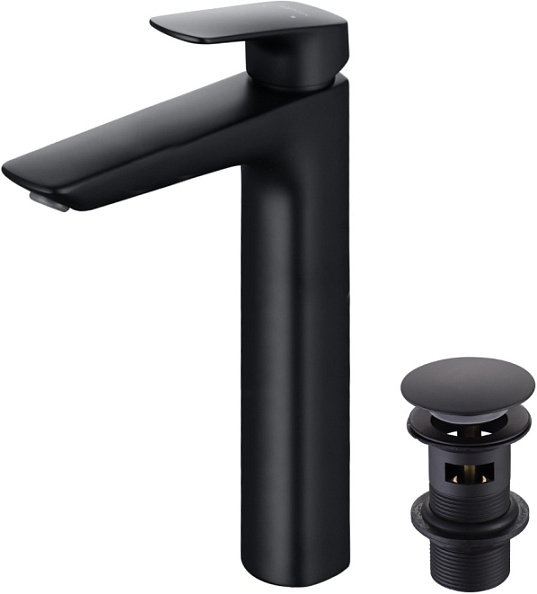 AQ1005MB ВЕГА смеситель для раковины высокий 227 с донным клапаном, матовый черный