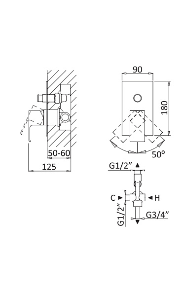 Встраиваемый смеситель для душа Cezares Porta, Sunset (PORTA-VDIM-SS)