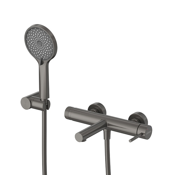 Смеситель для ванны и душа в комплекте с ручным душем, шлангом и держателем Cezares Relax, оружейная сталь (RELAX-VD-GM)