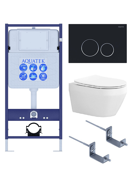 Комплект унитаз с инсталляцией, кнопкой и сиденьем микролифт Aquatek Лея SET AQUATEK ЛЕЯ Т-0-20 4в1 безободковый