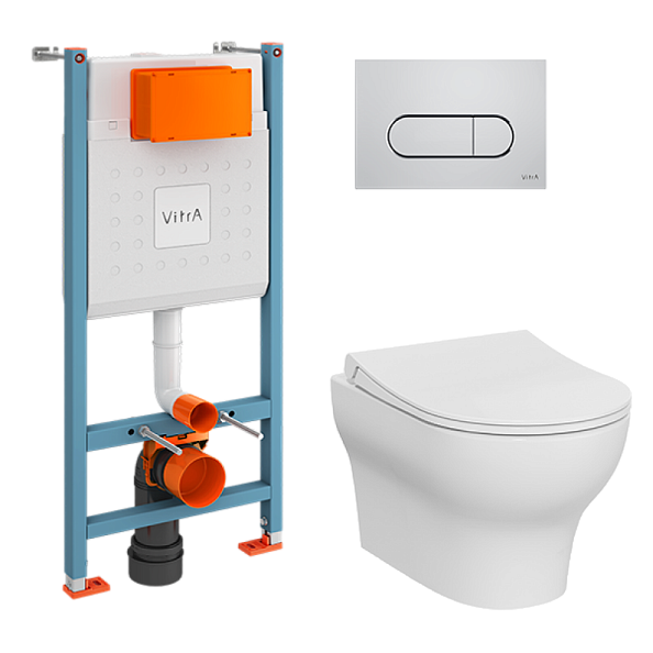 9879B003-7200 Комплект Vitra: Zentrum Round подвесной Безободковый унитаз + тонкое сиденье МЛ/БС+ инсталляция + панель смыва хром глянец