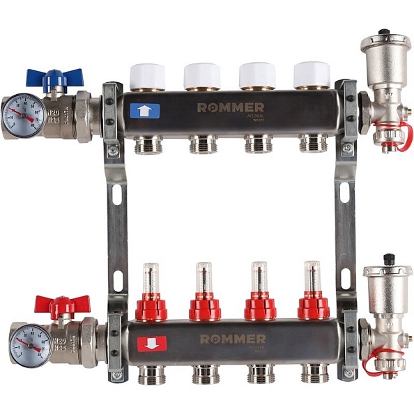 Коллектор Rommer 1"x3/4" на 4 контура с расходомерами в сборе (нерж. сталь) (RMS-1210-000004)