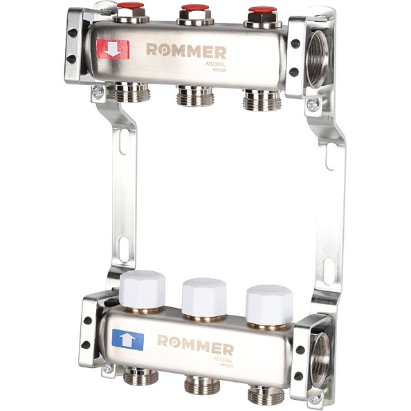 Коллектор Rommer 1"x3/4" на 3 контура с запорными клапанами (нерж. сталь) (RMS-3200-000003)