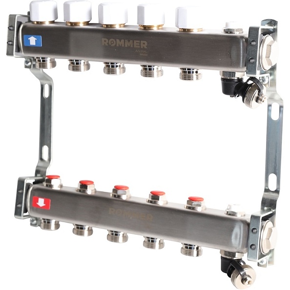 Коллектор Rommer 1"x3/4" на 5 контуров с запорными клапанами (нерж. сталь) (RMS-3201-000005)