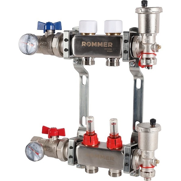 Коллектор Rommer 1"x3/4" на 2 контура с расходомерами в сборе (нерж. сталь) (RMS-1210-000002)