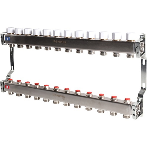Коллектор Rommer 1"x3/4" на 12 контуров с запорными клапанами (нерж. сталь) (RMS-3200-000012)