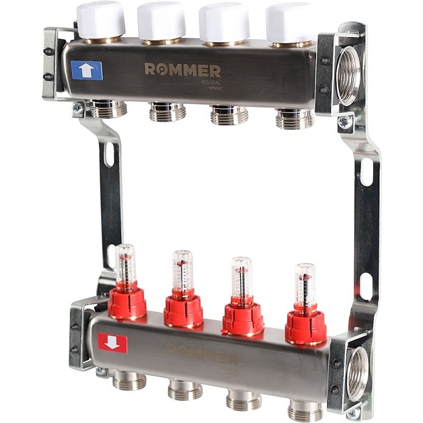 Коллектор Rommer 1"x3/4" на 4 контура с расходомерами (нерж. сталь) (RMS-1200-000004)