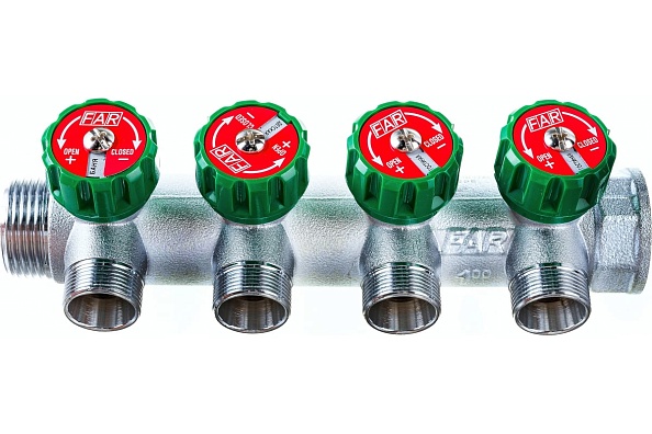 FAR Коллектор распределительный 1 , проходной, хромированный, 4 отвода 1/2 ЕК (FK 3824 112)